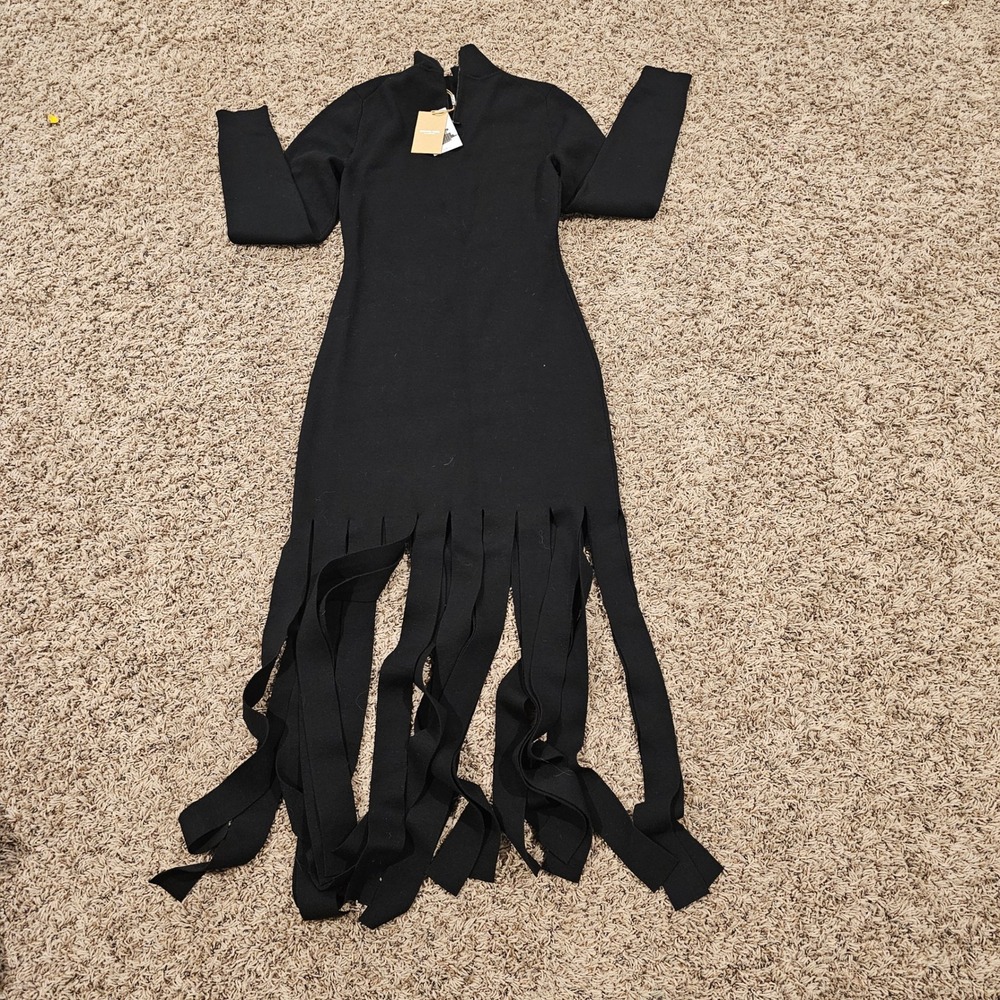 Michael Kors Collection Merino Wool Fringe Carwash Hem Dress Black Small NWT